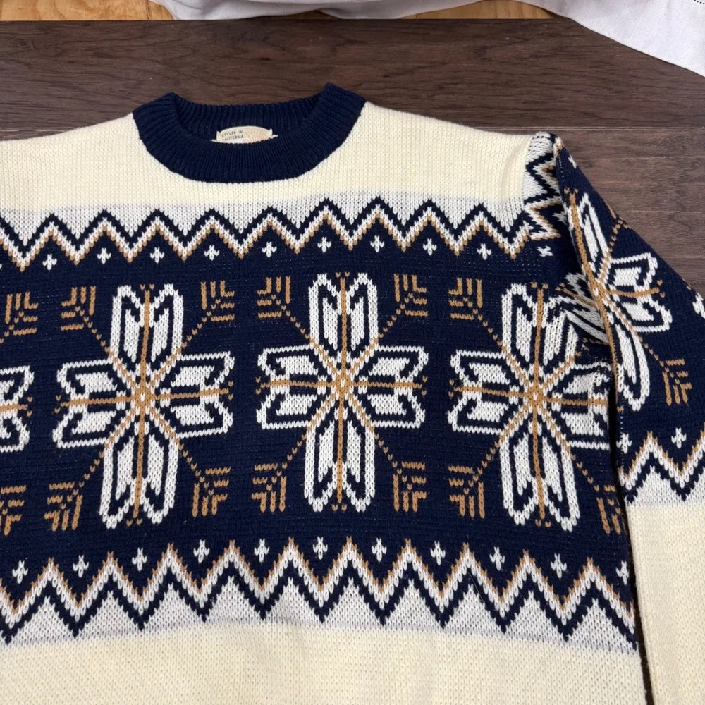 Vintage Fair‎ Isle Snowflake Sweater Navy Cream Gold Ski Size M